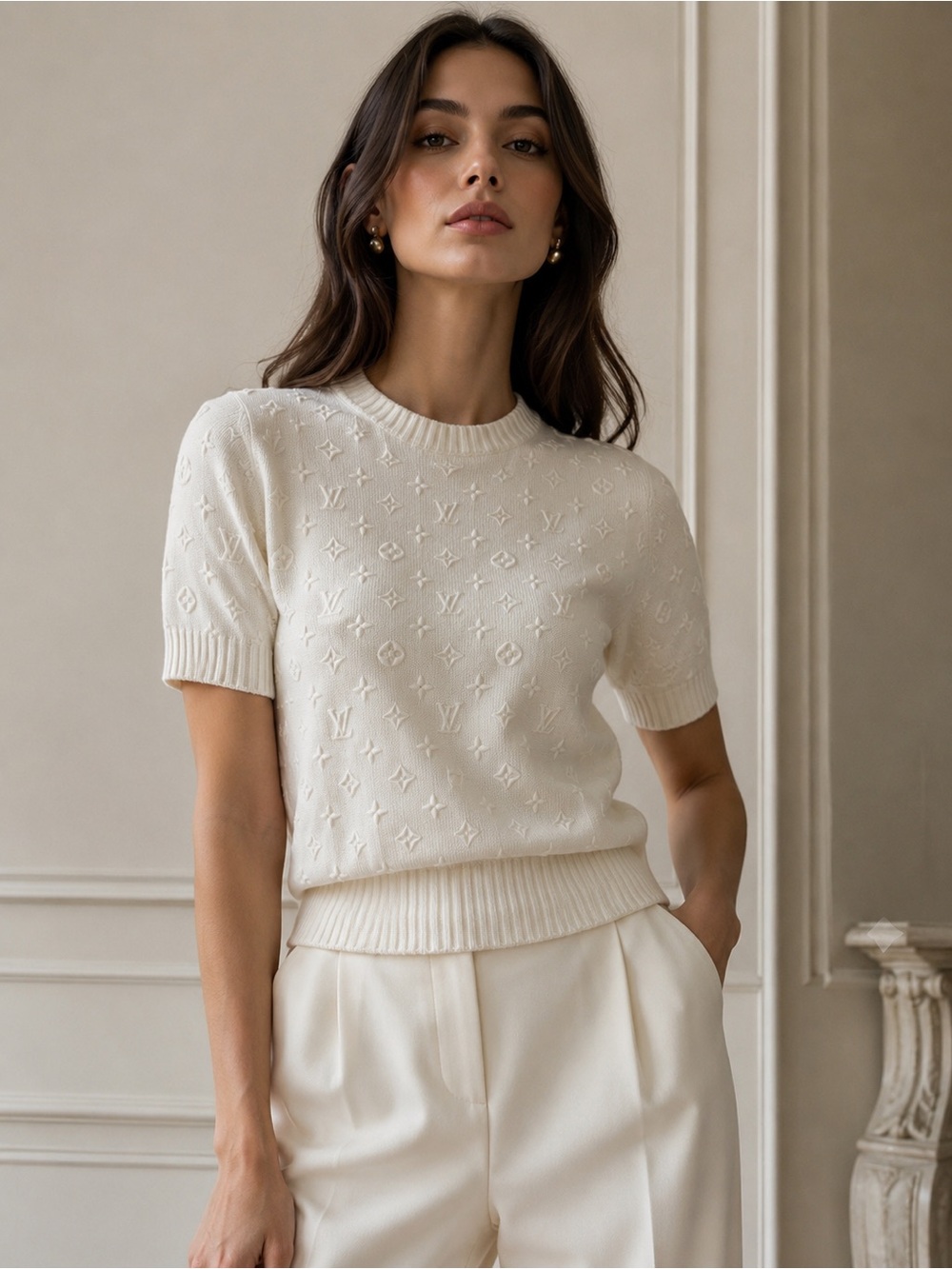 NotLouis Vuitton Ivory Short Sleeve Knit Top with Embroidered Monogram